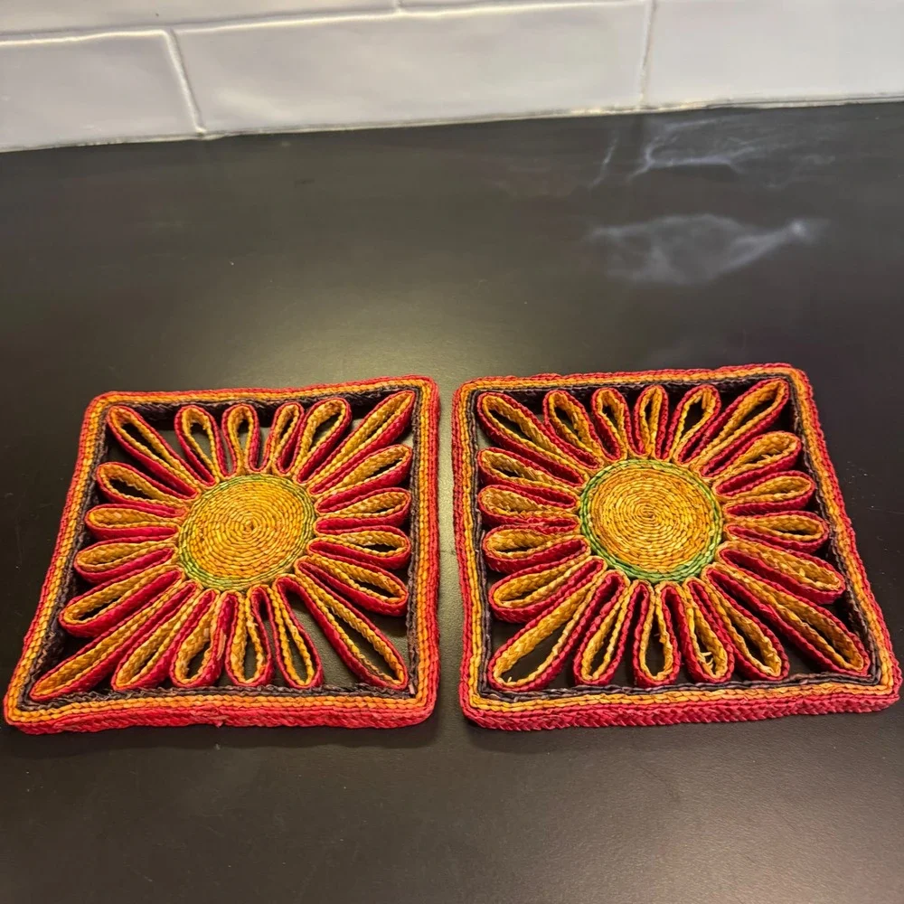 Vintage Sunflower Raffia Trivets Set of 2 Red Yellow 7in Woven Boho Decor